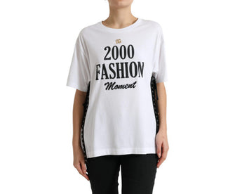 Dolce & Gabbana Women's White Slogan Print Lacing Detailed T-shirt